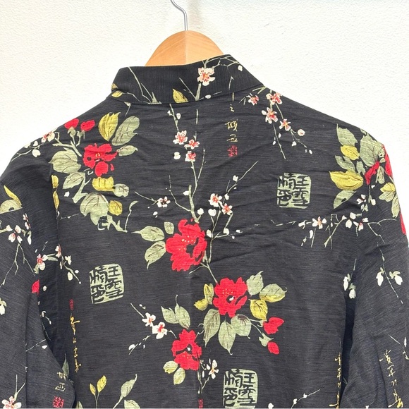 Silkland Asian Print Textured Silk Floral Blouse Jacket Beaded Black Red XL - Picture 5 of 12